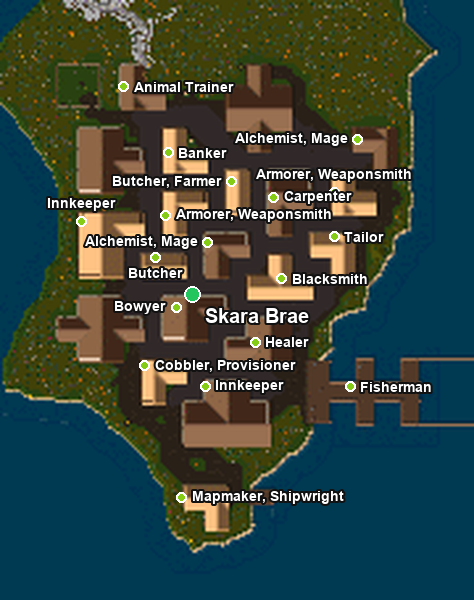 Map of Skara Brae with NPC vendor locations