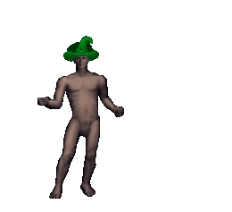 A green-dyed wizard's hat worn on a male body
