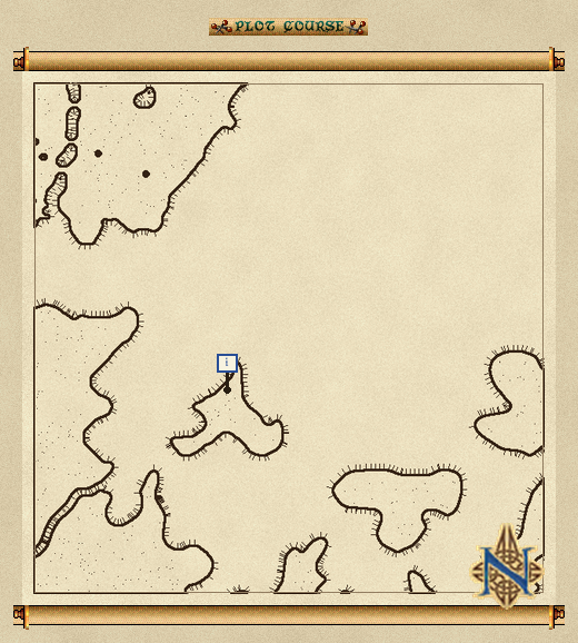 Example of a decoded treasure map: a 600-tile regional parchment view with a single pin off-centre at the dig spot