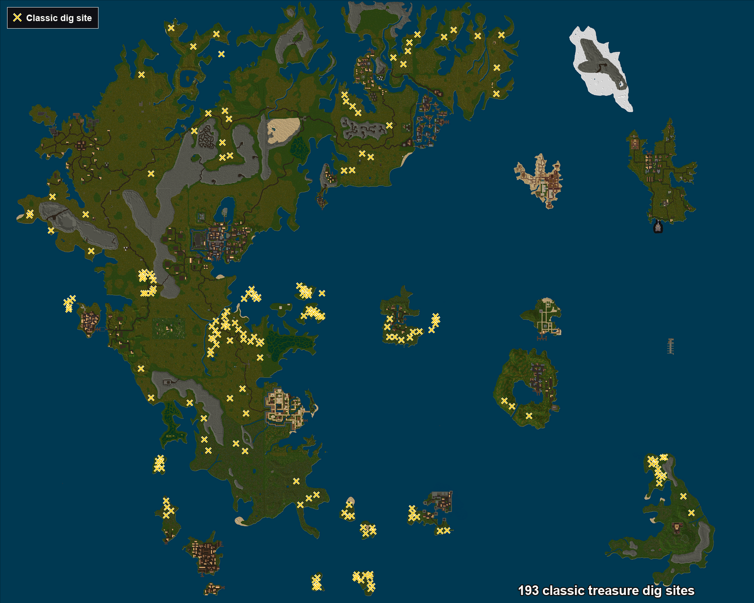 Map of Britannia with all 193 classic treasure dig sites plotted as gold X markers