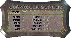 UO status window showing name, Str/Dex/Int, Hits/Mana/Stam, gold and weight